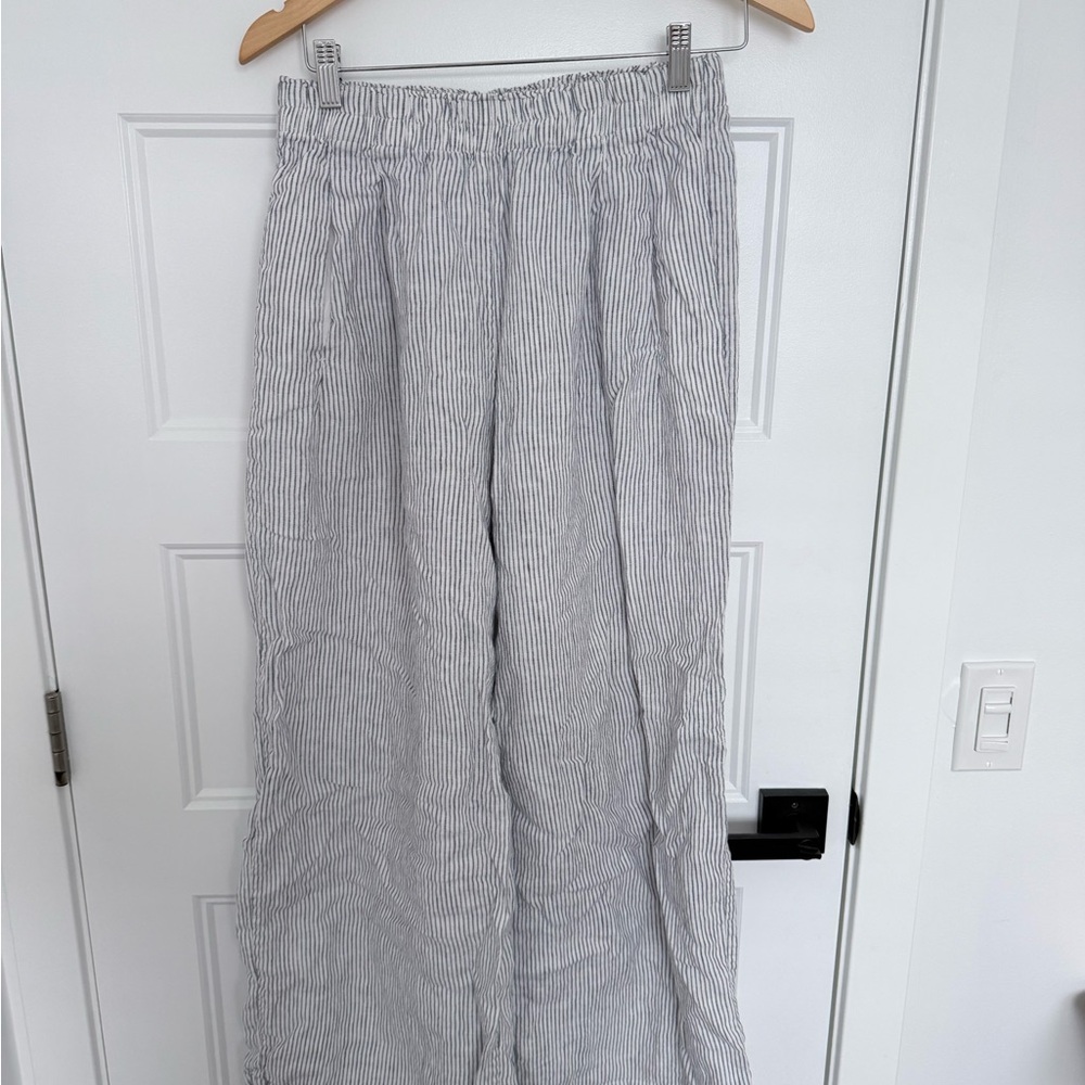 Left On Friday Women's Wide Leg Striped Linen Pants - Gray & White